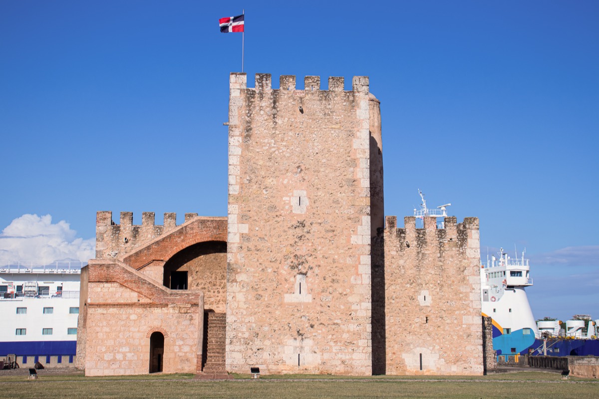 The Tower of Homage at the Ozama Fortress, flying the Dominican flag