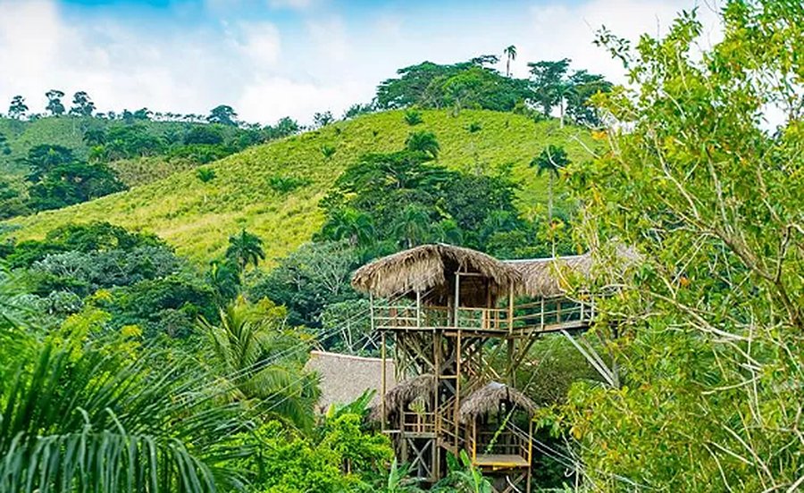 The thatched zip-line launch tower above the green hills