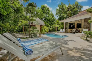 The pool with sun loungers and the palm-thatched hut